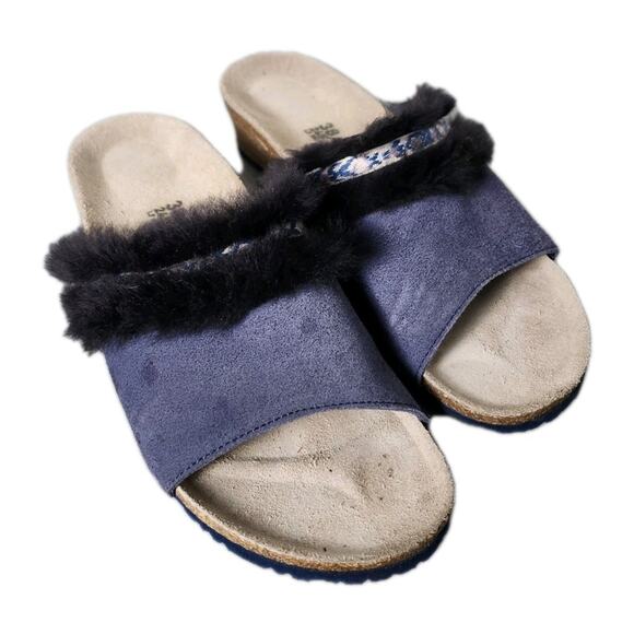 Birkenstock Papillio Amber Wedge Mule Sandals Size 38/ 7 Blue Fur Trim - Picture 1 of 7